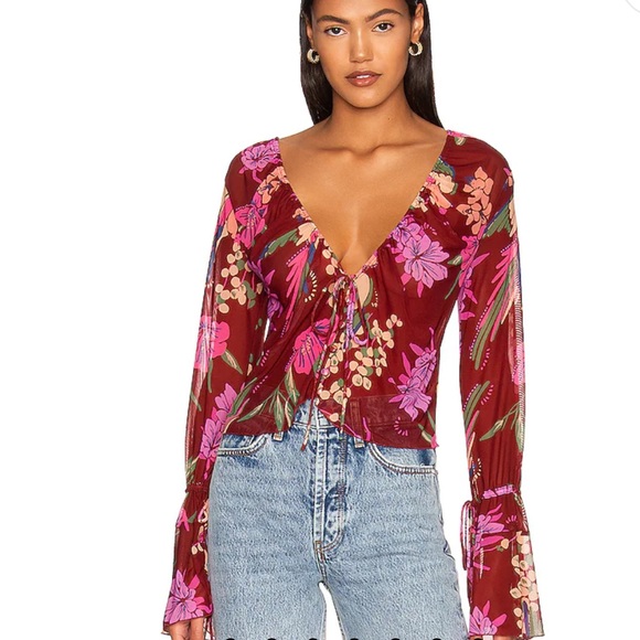 FREE PEOPLE OF PARADISE FLORAL RED PINK CROP TOP SMALL - Picture 3 of 12